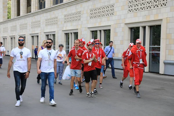 Moskau, Russland - 26. Juni 2018: Französische und dänische Fans feiern während des WM-Gruppenspiels zwischen Frankreich und Dänemark im Luschniki-Stadion — Stockfoto