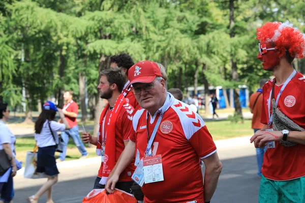  Moskova, Rusya - 26 Haziran 2018: Fransa ve Danimarka Luzhniki Stadı nda arasında Dünya Kupası C grubu oyun sırasında kutluyor Fransızca ve Danimarka hayranları