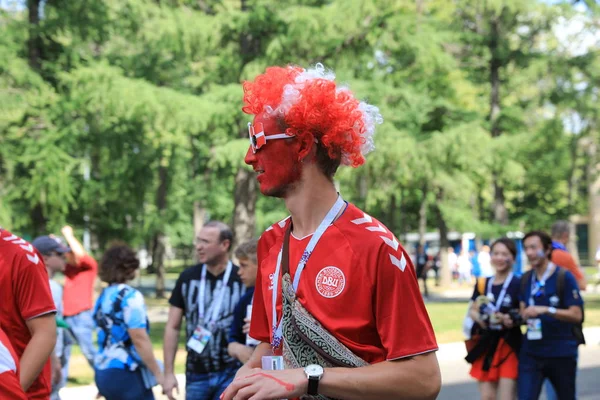  Moskova, Rusya - 26 Haziran 2018: Fransa ve Danimarka Luzhniki Stadı nda arasında Dünya Kupası C grubu oyun sırasında kutluyor Fransızca ve Danimarka hayranları