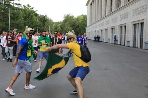 MOSCOW, RUSSIA - June 26, 2018: Brazilian fans celebrating during the World Cup Group C game between France and Denmark at Luzhniki Stadium — Stock Photo, Image