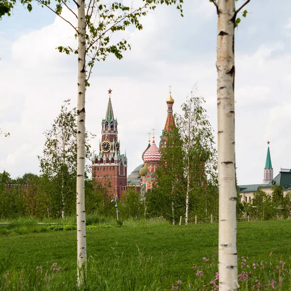 Moscow Russia May 2018 Basil Pokrovsky Cathedral Spasskaya Tower Birch — Stock Photo, Image