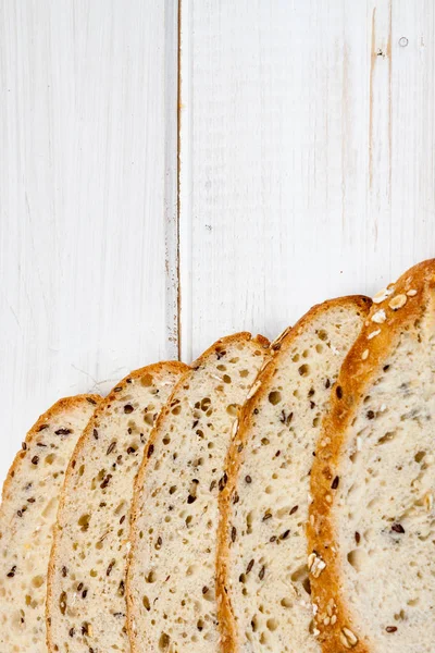Верхний Вид Хлеба Различными Семенами Старом Деревянном Фоне — стоковое фото