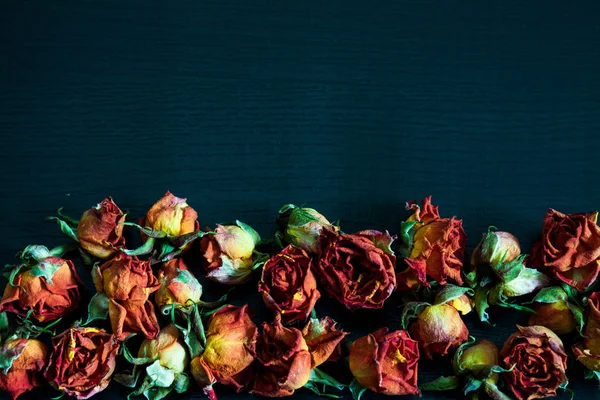 Schöner Natürlicher Hintergrund Mit Getrockneten Roten Rosen Auf Dunklem — Stockfoto