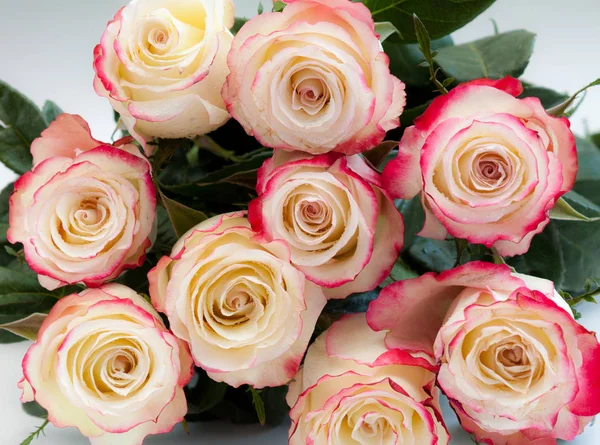 Boeket Van Mooie Witte Roze Rozen Blauwe Achtergrond — Stockfoto