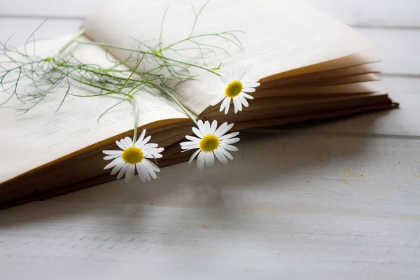 Vintage novel books with bouquet of flowers on white wooden table - concept of nostalgic and remembrance.