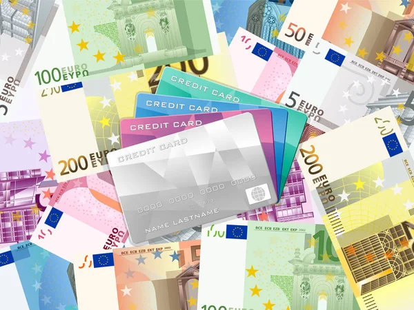 Kredi Kartları Euro Banknot Arka Plan Üzerinde Vektör Çizim — Stok Vektör