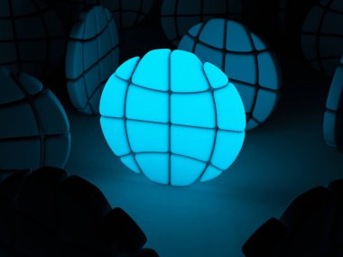 Koyu arka plan ışık küre sembolü. 3D çizim.