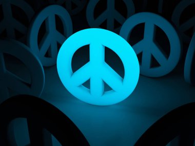 Koyu arka plan ışık barış sembolü. 3D çizim.