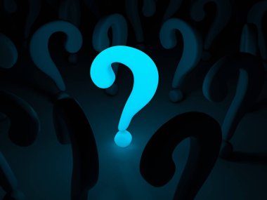 Koyu arka plan ışık soru sembolü. 3D çizim.