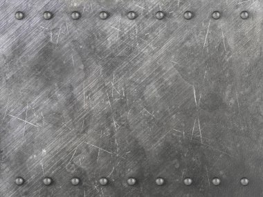 Arka plan oluşturduğu perçin ile metal plaka çizik. 3D çizim.