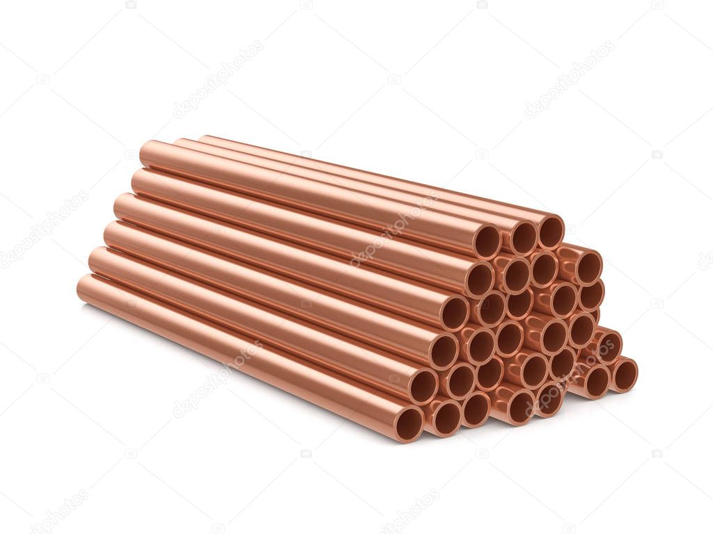 Copper pipes on a white background. 3d illustration.