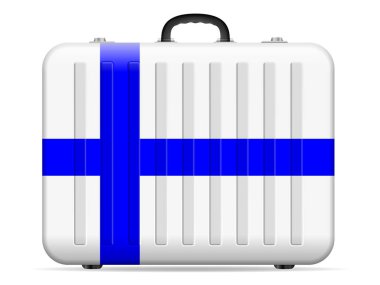 Finlandiya bayrağı bavul beyaz bir arka plan üzerinde seyahat. Vektör çizim.