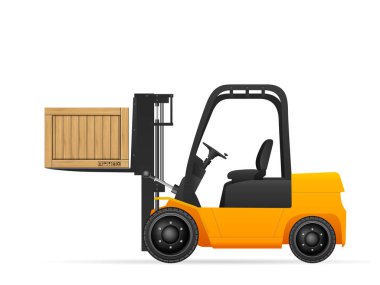 Beyaz bir arka plan üzerinde ahşap kutu ile forklift.