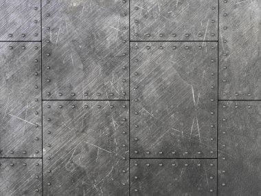 Perçinli tırmalanmış metal plakalardan oluşan bir arka plan. 3B illüstrasyon.