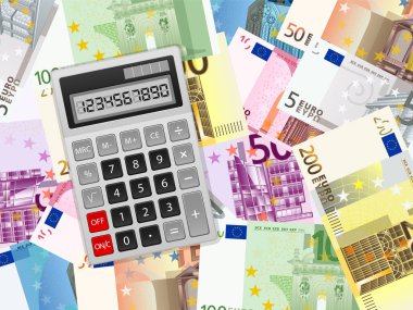 Euro banknot arka plan üzerinde hesap makinesi. Vektör çizim.