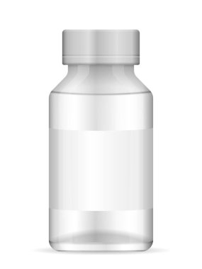 Beyaz arka planda cam bir tıbbi şişe. Vektör illüstrasyonu.