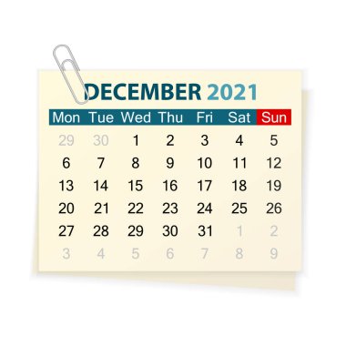 Takvim Aralık 2021, beyaz arka plan. Vektör illüstrasyonu.
