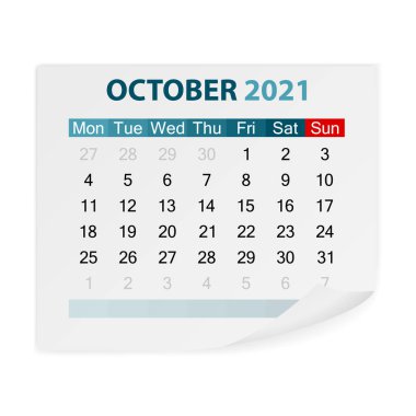 Takvim Ekim 2021, beyaz arka plan. Vektör illüstrasyonu.
