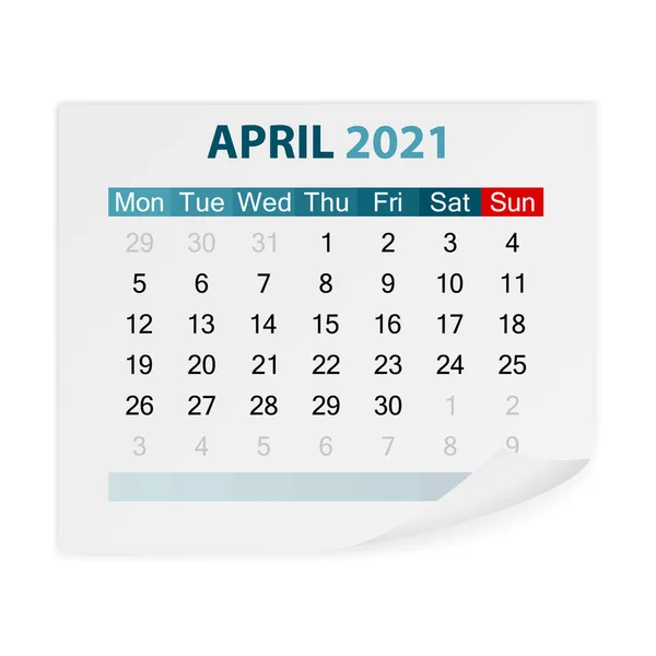 Calendario Abril 2021 Sobre Fondo Blanco Ilustración Vectorial — Vector de stock