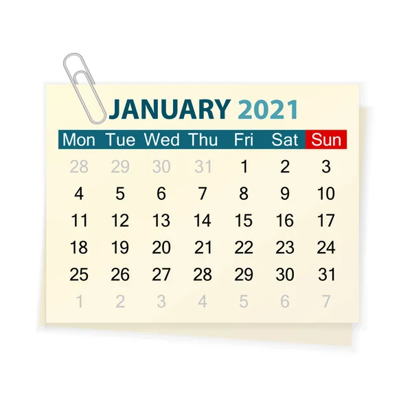 Calendario Enero 2021 Sobre Fondo Blanco Ilustración Vectorial — Vector de stock