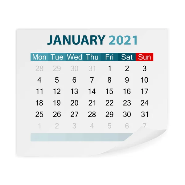 Calendar January 2021 White Background Vector Illustration — Stock Vector