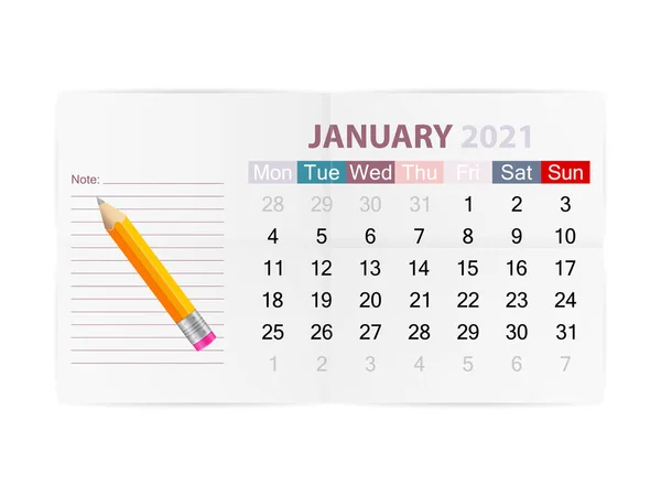 カレンダー2021年1月白を背景に ベクターイラスト — ストックベクタ