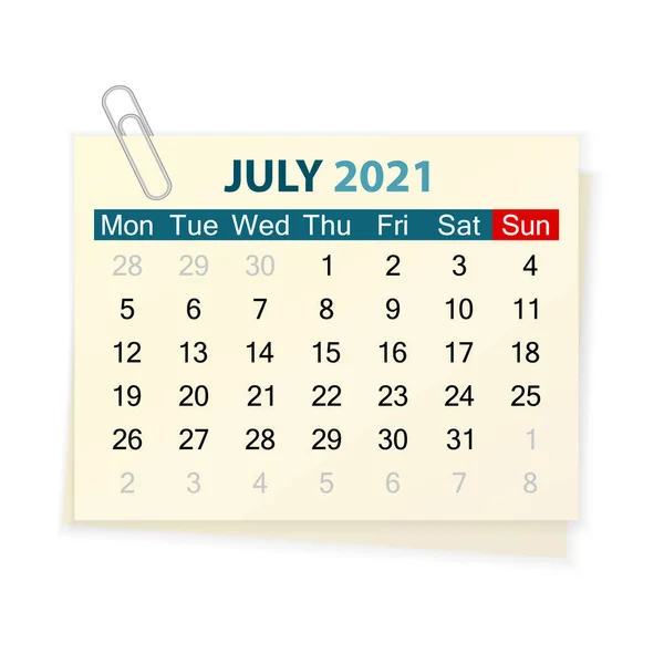 Календар Липень 2021 Року Білому Тлі Векторні Ілюстрації — стоковий вектор