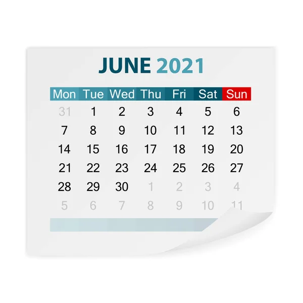 Календар Червень 2021 Року Білому Тлі Векторні Ілюстрації — стоковий вектор