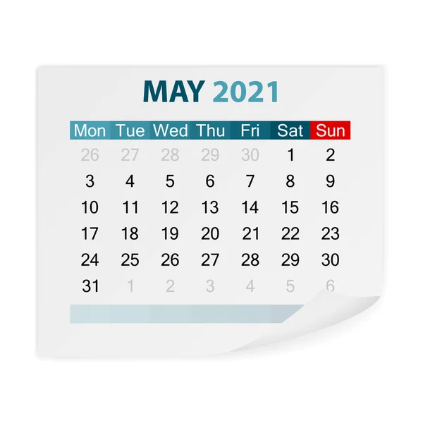 Calendario Mayo 2021 Sobre Fondo Blanco Ilustración Vectorial — Vector de stock