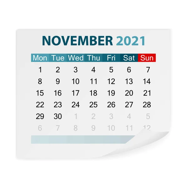 Calendário Novembro 2021 Fundo Branco Ilustração Vetorial —  Vetores de Stock