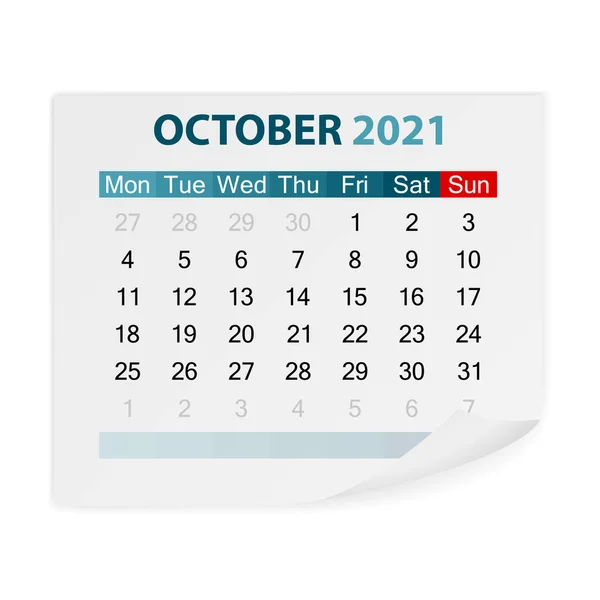 Ημερολόγιο Οκτώβριος 2021 Λευκό Φόντο Εικονογράφηση Διανύσματος — Διανυσματικό Αρχείο