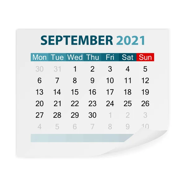 Календар Вересень 2021 Року Білому Тлі Векторні Ілюстрації — стоковий вектор