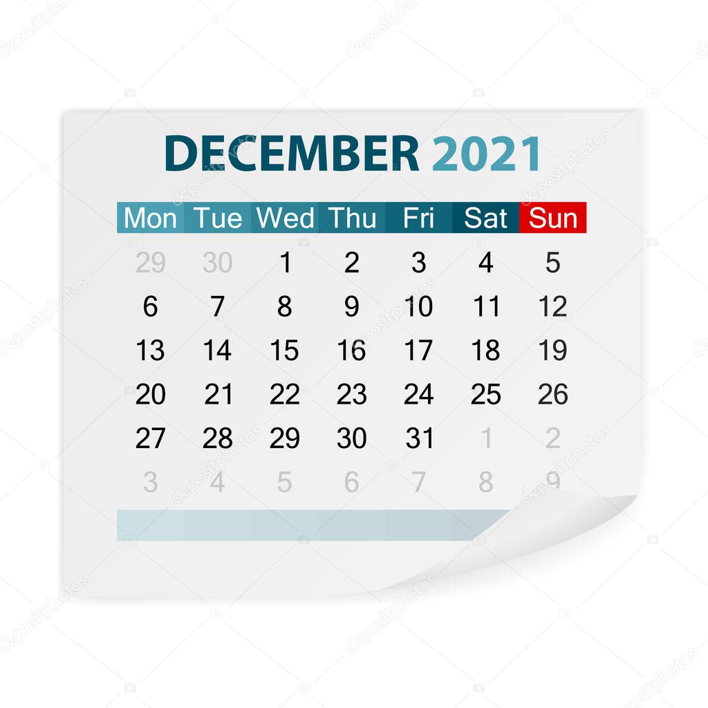 Calendar December 2021 on a white background. Vector illustration.