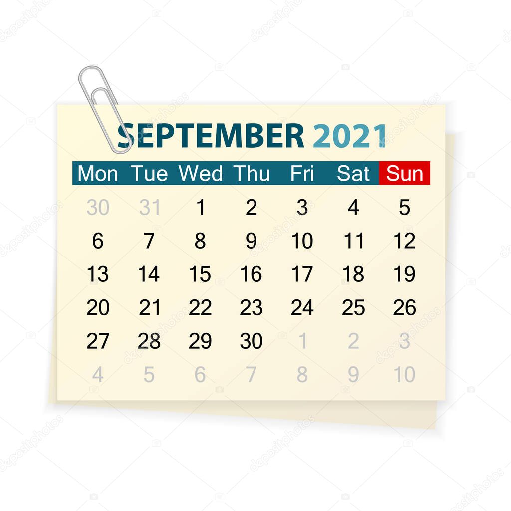 Calendar September 2021 on a white background. Vector illustration.