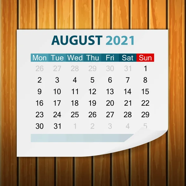 Calendar August 2021 Fundal Din Lemn Ilustrație Vectorială — Vector de stoc