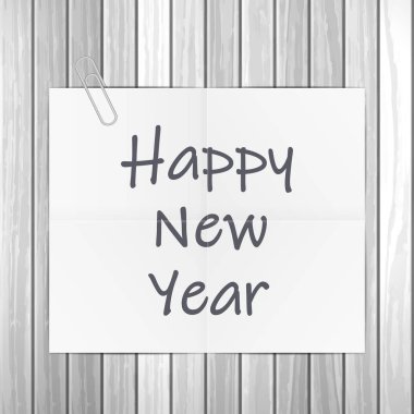 Not: Ahşap arka planda mutlu yeni yıl metinleri. Vektör illüstrasyonu.