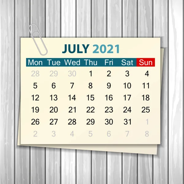 カレンダー2021年7月木を背景に ベクターイラスト — ストックベクタ