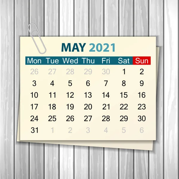 Calendario Mayo 2021 Sobre Fondo Madera Ilustración Vectorial — Vector de stock