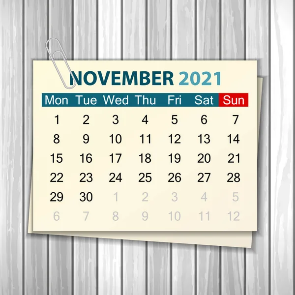 Calendario Noviembre 2021 Sobre Fondo Madera Ilustración Vectorial — Vector de stock