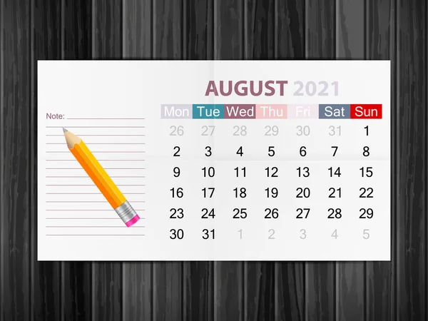 Ημερολόγιο Αύγουστος 2021 Στο Φόντο Ξύλο Εικονογράφηση Διανύσματος — Διανυσματικό Αρχείο