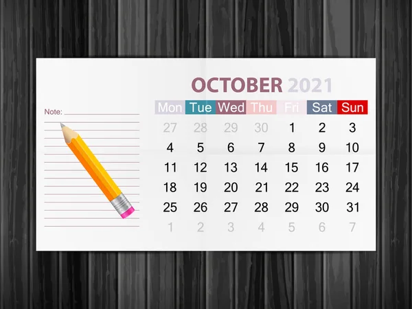 カレンダー2021年10月木の背景に ベクターイラスト — ストックベクタ