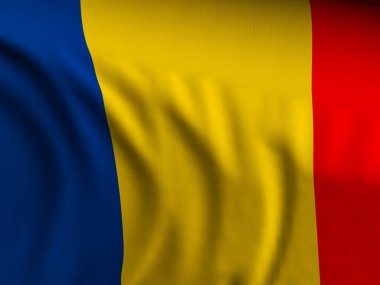 Romanya bayrağının arka planına yakın plan el sallıyor. 3d illüstrasyon.