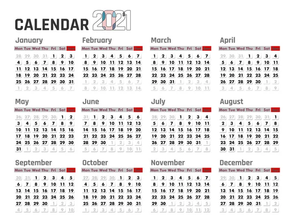 Calendar 2021 White Background Vector Illustration — Stock Vector