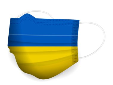 Beyaz arka planda tıbbi maske Ukrayna bayrağı. Vektör illüstrasyonu.