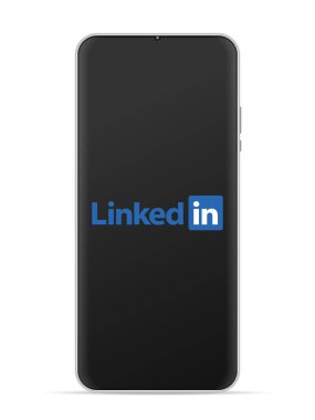 Akıllı telefon ekranında Linkedin logo simgesi. Vektör illüstrasyonu beyaz arkaplan.