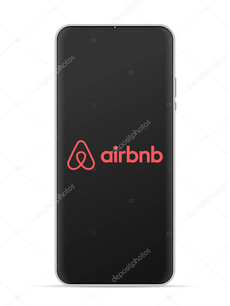 Airbnb logo icon on smartphone screen. Vector illustration white background.