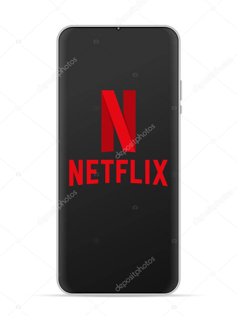 Netflix logo icon on smartphone screen. Vector illustration white background.