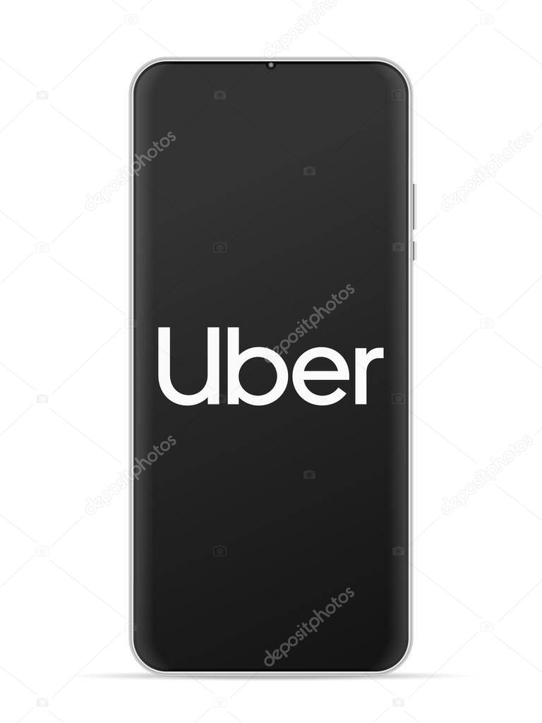 Uber logo icon on smartphone screen. Vector illustration white background.