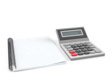 Beyaz arka planda hesap makinesi ve defter. 3d illüstrasyon.