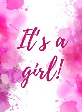 Bebek cinsiyet kavramı illüstrasyon ortaya koyuyor. Beyaz zemin üzerine suluboya taklit sıçrama çerçeve. Bu bir kız var. Pembe renkli.